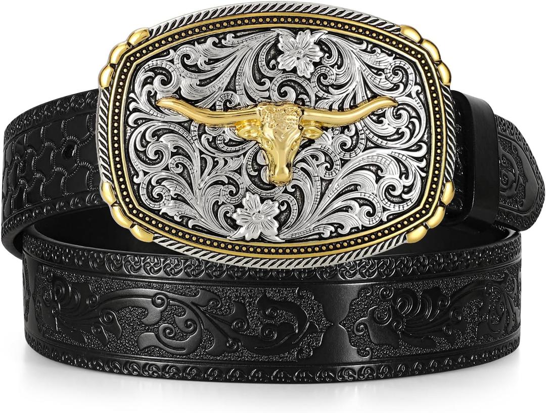 Kids Western Belt for Boys Girls Toddler Youth Genuine Leather Cowgirl Cowboy Belt with Silver Longhorn Buckle (Fits Waist 27"-31", Black)