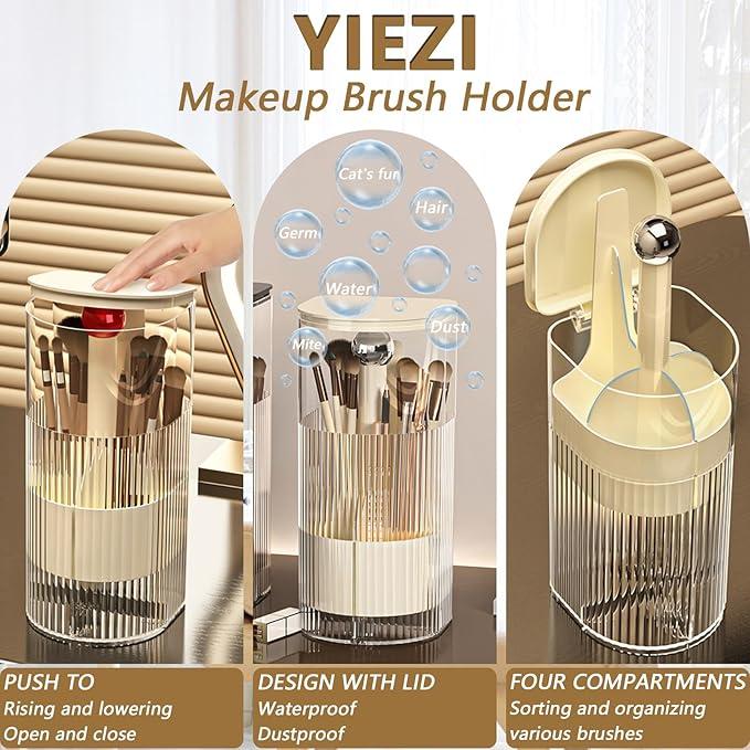 Makeup Brush Holder with Lid, One-Hand Press Open/Close Mechanism Cosmetic Tools Organizer, Clear Waterproof Dustproof Make Up Storage for Vanity, Bathroom Countertop-Cream-Red Ball