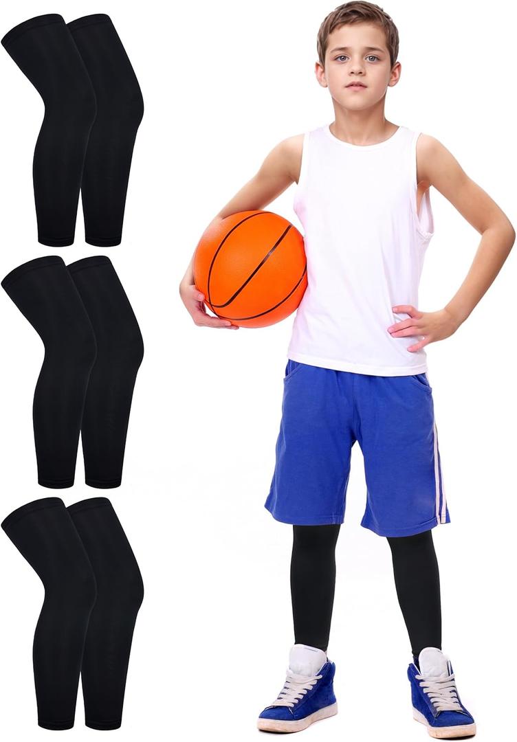Roadbox Kids Long Compression Leg Sleeves, 2/3 Pairs Youth Sports Basketball Support, Football Running Cycling for Boys Girls (Black)
