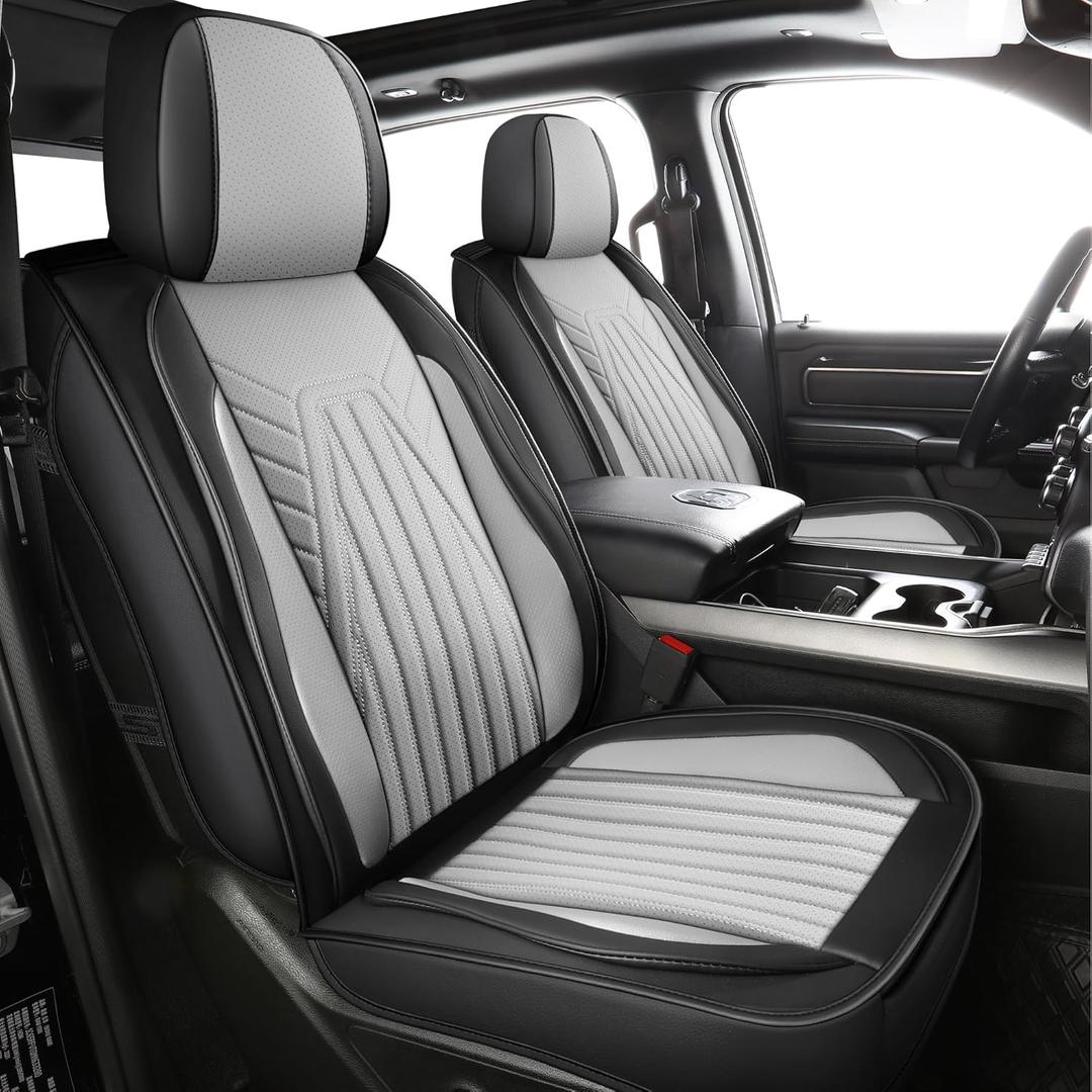 LINGVIDO Car Seat Covers Full Set, Dodge Ram Pleather Car Seat Covers Compatible with 2009-2025 RAM 1500 2500 3500 Truck Pickup Crew Double Mega Quad Cab (FullSetCurved Back,Black Gray)