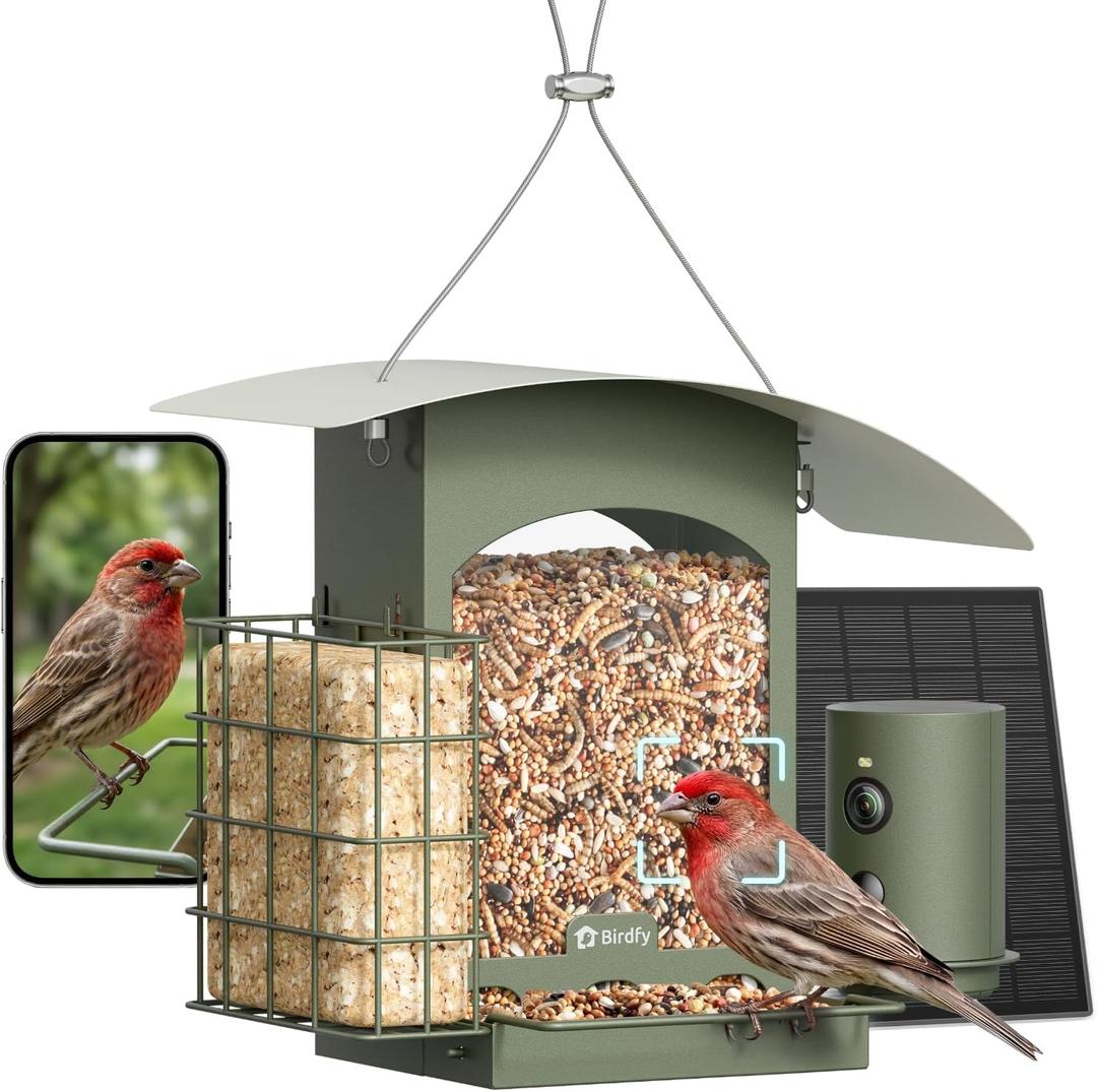 Birdfy Smart Bird Feeder with Camera Solar Powered, 1080P Metal Hanging Bird Feeder with AI Bird Recognition, Instant Alerts & Slow Motion, Gift for Bird Lovers