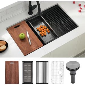 32 Undermount Kitchen Sink 32" x 19" Black Stainless Steel Kitchen Sinks 16 Gauge Single Bowl Ledge Workstation Handmade Under Counter Kitchen Sinks with Built-In Accessories