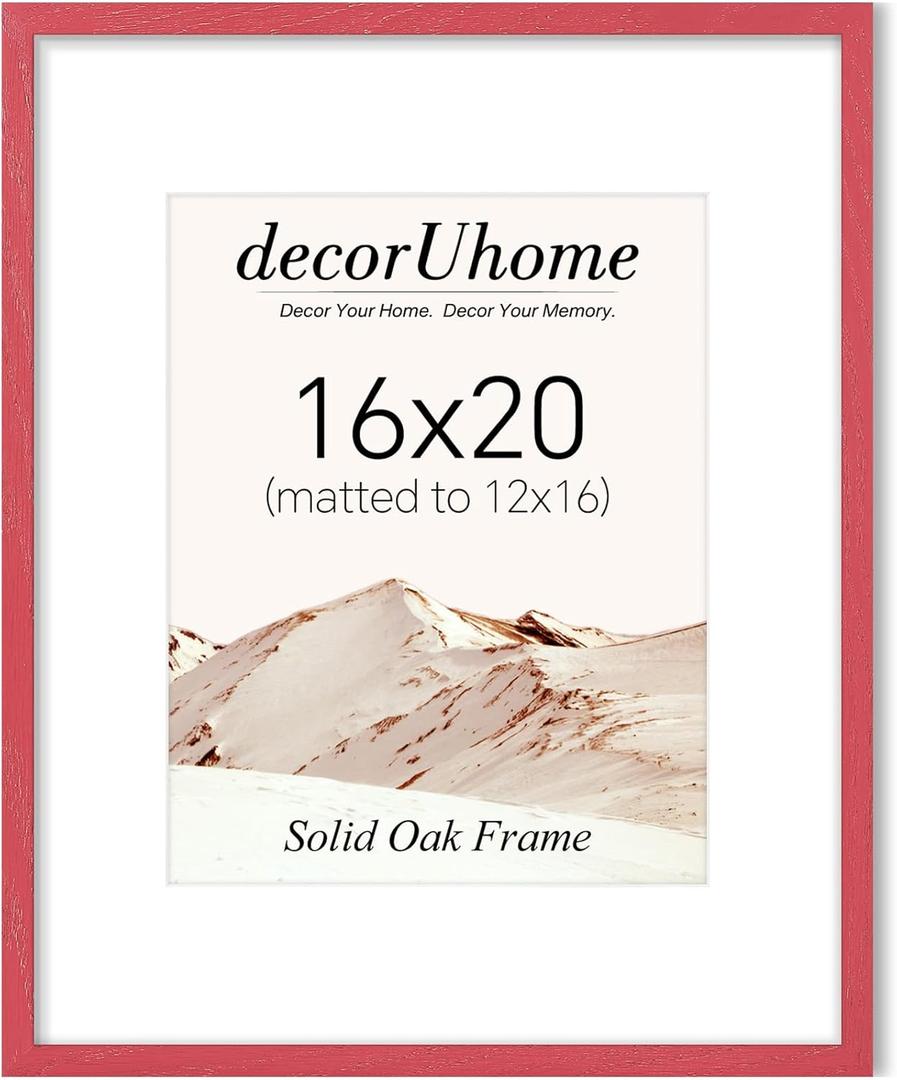 decorUhome Solid Oak Wood 16x20 Picture Frame, Display Pictures 11x14 with Mat or 16x20 without Mat, Wall Hanging Poster Frame, Red, 1 Pack