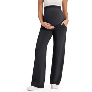 G4Free Maternity Pants Over The Belly Yoga Dress Work Pregnancy Pants Stretchy Lounge Wide Leg Trousers with Pockets (Large Tall, Black)