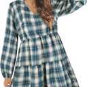 FANCYINN Womens Long Sleeve Buffalo Plaid Shift Tunic Dress Ruffle Hem Vneck Casual Swing Babydoll Mini Dress with Pockets (XS)