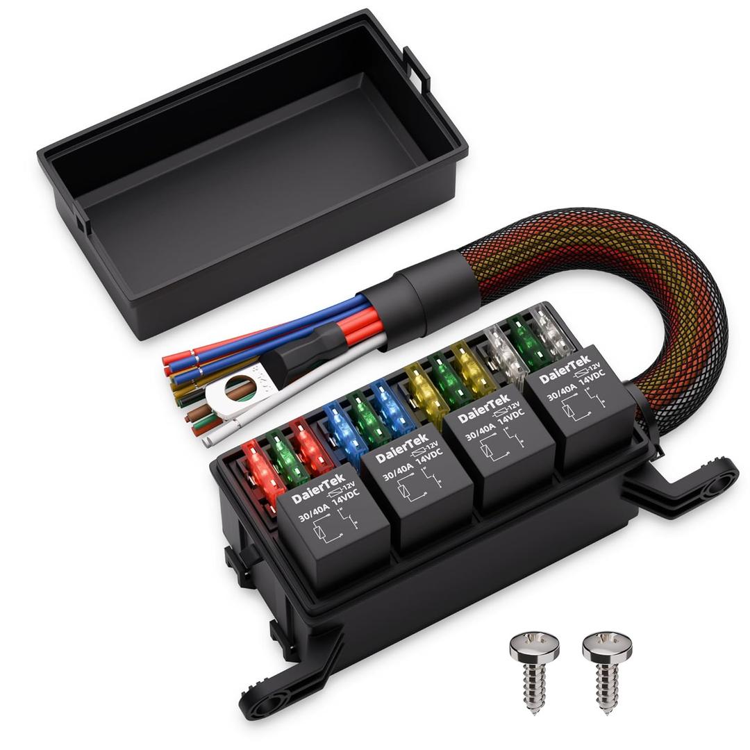 DaierTek Waterproof 12v Fuse Relay Box 12 ATO/ATC Fuse and 4 Way Relay Block with Pre-Wired Harness for Marine, Automotive Car