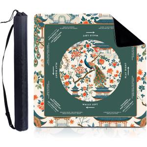 Foilswirl 1 Pcs Mahjong Table Mat Floral Peacock, 33" x 33" Green Chinoiserie Peacock Mahjong Mat Non-Slip Noise Reduction Carrying Bag for Poker Board Card Games Dominoes, Ships Rolled(Luxurious)