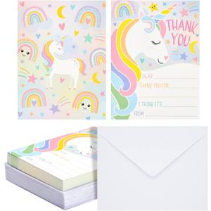 36 Pack Unicorn Fill In the Blank Thank You Cards with Envelopes, Kids Greeting Cards (5.5 x 4.2 In)