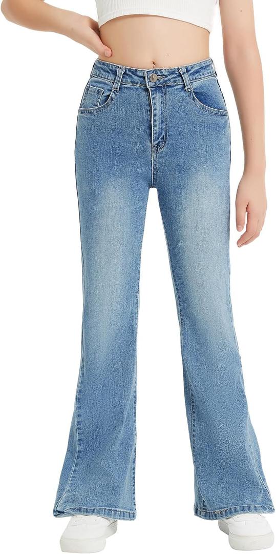 EXARUS Girls Flare Jeans Bell Bottom Teen Denim Pants Flared Ripped Cute Bootcut Mid Rise Elastic Band Pockets Kids (Blue)