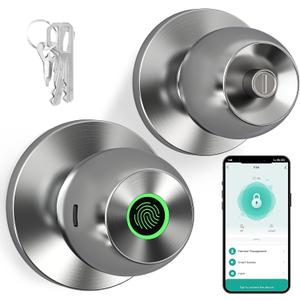 52HZ Smart Fingerprint Door Lock, 3 in 1 Finger Print Door Knob with Tuya App Control & Key, Auto Lock, Thumbprint Keyless Entry Door Lock for Front Door, Home, Apartment, Office, Satin Nickel