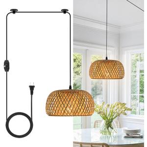HuisMier Dimmable Plug in Pendant Light Rattan Hanging Lights with 15 Ft Plug in Cord, Handmade Bamboo Lampshade Boho Hanging Light Fixture for Kitchen Island Dining Room Bedroom