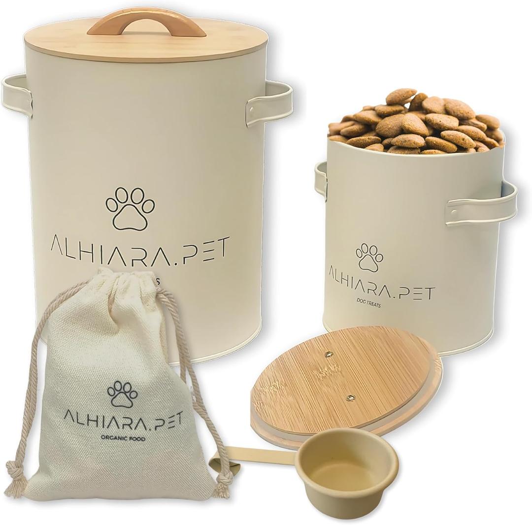 Dog Treat Container Airtight with Scoop  Large 57 lbs (24 Cups) Capacity for Biscuits, Snacks & Kibble  2-Piece Storage Set with Small Bonus Canister  Decorative Countertop Jar