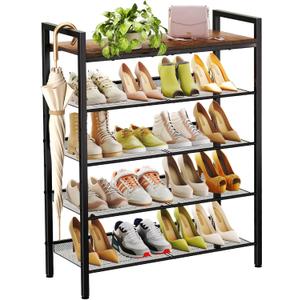 WIN4ALL Shoe Rack for Front Door Entrance, 5 Tier Shoe Rack for Entryway, 16-20 Pairs of Shoes, Metal Shoe Rack Organizer, Free Standing Shoe Rack for Closet (Black+Rustic Brown) (5 Tier (11.81"D x 29.33"W x 38.18"H))