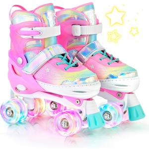 NEMONE Mermaid 4 Size Adjustable Light up Roller Skates for Girls, Purple Blue Skates for Toddlers, Beginner Kids Butterfly Roller Skates Indoor Outdoor (Medium - Big Kid, B- Unicorn - Pink)