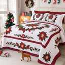 Cmfshape 3 Piece Christmas Quilt Bedspread, Queen Size Christmas Flower Themed Bedding, Reversible Christmas Comforter Coverlet with 2 Pillow Shams(92"x96")