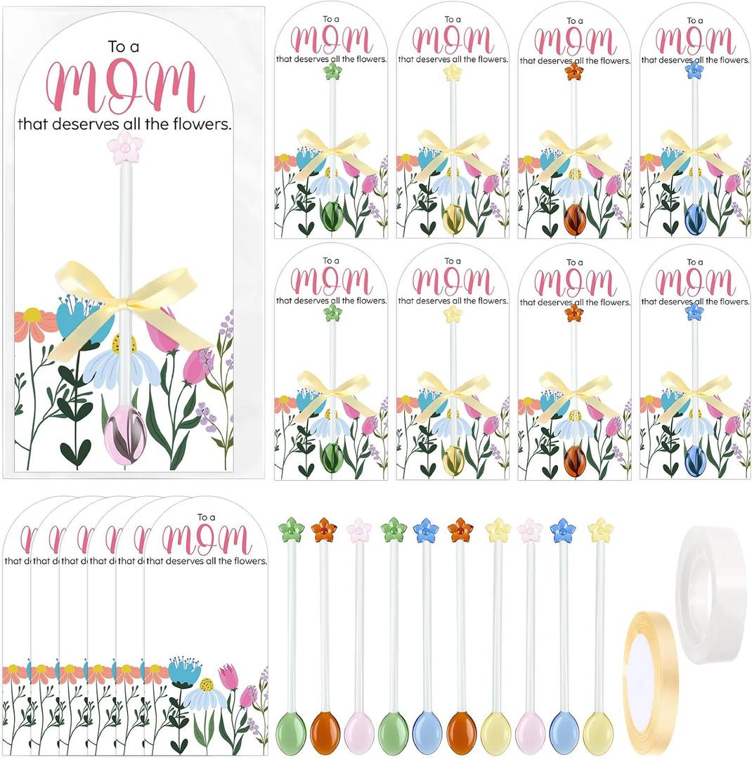 Mifoci 20 Sets Mother's Day Flower Glass Spoons Gifts with Glass Stirring Rods Cards Gift Bags DIY Gifts for Mom from Daughter Son Mothers Day Tea Party Classroom Home Activities Church Bulk