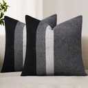 Adabana Set of 2 Linen Pillow Covers Decor Square Patchwork Throw Pillow Covers 18x18 Inch Farmhouse Cushion Covers Decorative Couch Bedroom Sofa Living Room,Grey