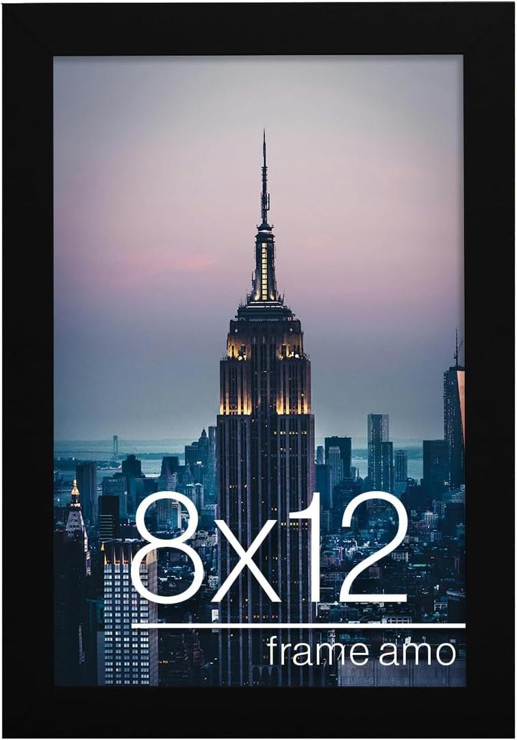 Frame Amo 8x12 Black Modern Picture Frame, 1 inch Border, Acrylic Front, for Wall or Table