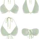 seamoly Women's Bikini Sets Halter Fishnet Shell Decorated Two Piece Swimsuit Sexy Side Tie Thong Bandeau Bathing Suits (L)