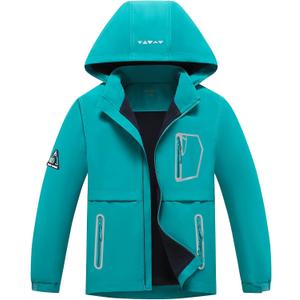 MGEOY Boys Girls Rain Jacket Lightweight Waterproof Hooded Fleece Lined Raincoat Windbreakers for Kids (12-14 Years, Solid Green(lining:fleece))