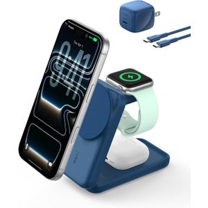 Belkin MagSafe Charger Compatible, 3-in-1 Charging Station, Qi2.2 25W Magnetic Wireless Charger Dock, Foldable Charging Stand for iPhone 17/16/15, Apple Watch, AirPods, Pixel 10 (45W Adapter Included) (Blue)