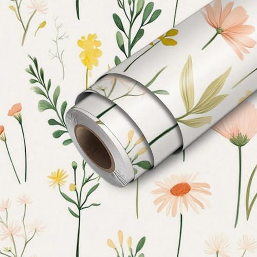 HOMETITUTE Wallpaper Peel and Stick Hand Drawn Yellow Pink Green Wildflower Pattern Contact Paper Wall Paper Stick 17.7" x 118.1" Self Adhesive Removable Vinyl Wall Covering Bathroom Home Decor