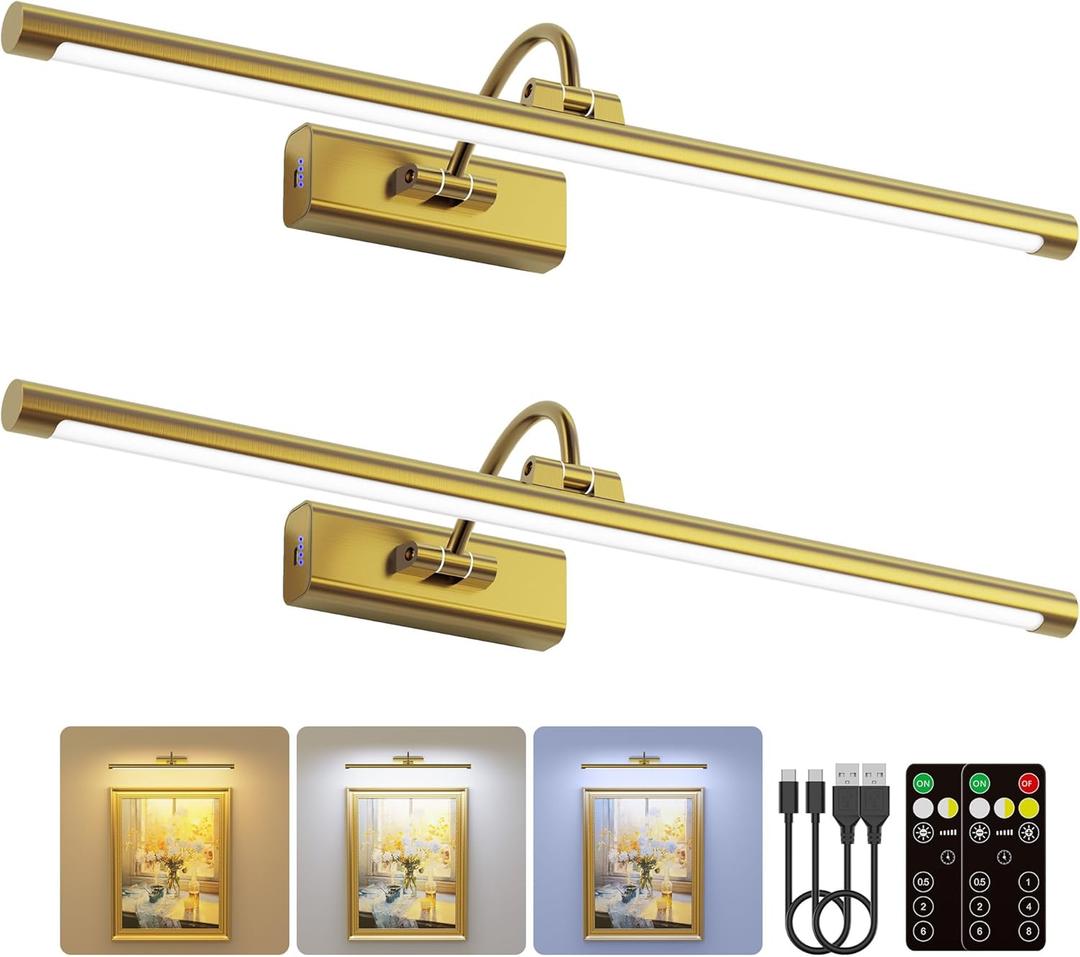 2 Pack 24" Brass Gallery Picture Lights - 8000mAh Rechargeable Battery Powered Wireless Lighting for Large Gallery, Museum & Living Room