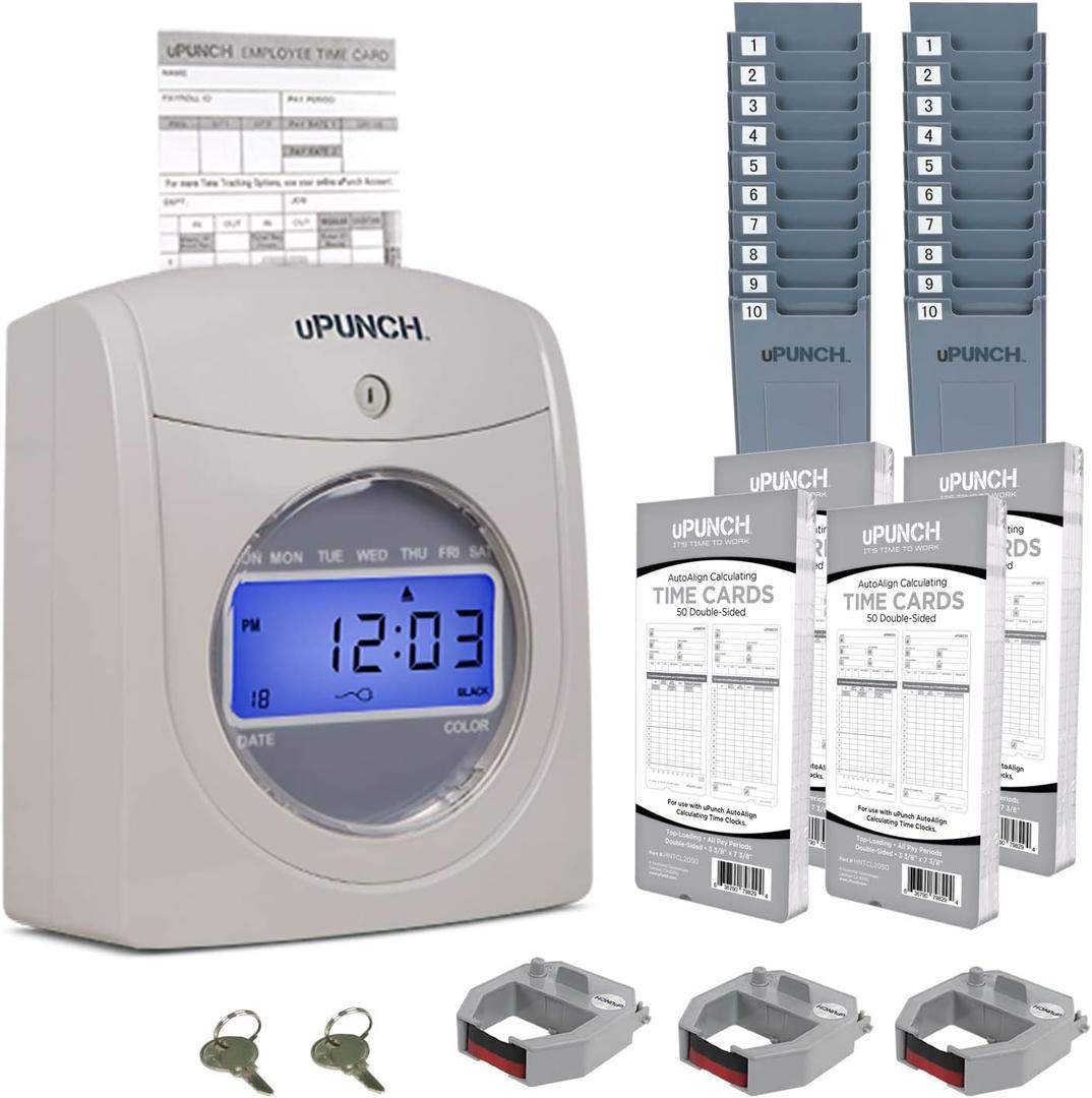 uPunch HN4500 Advanced Calculating Time Clock Bundle for Small Business: Complete Employee Time Tracking System with 200 Time Cards, Racks, Ribbons, and Keys, Large