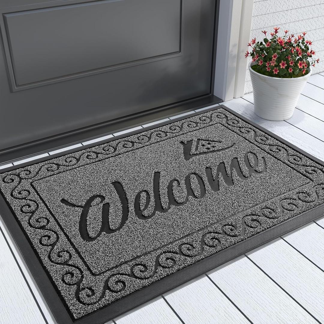 Yimobra Welcome Mat, Heavy Duty Sturdy Door Mats for Home Entrance Outdoor Indoor, Front Doormat for Outside Patio Floor Entry Porch Garage Office, Waterproof, Low Profile, 29.5 x 17, Black Grey