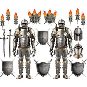 30 Pieces Medieval Party Decorations 6 Feet Jointed Suit of Armor Knight Cut Out Torch Props Medieval Shield Photo Prop for Birthday Halloween Medieval Renaissance Knight Castle Party Wall Decoration