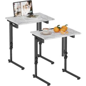 TV Tray, Folding TV Dinner Table, Adjustable Small C-Shaped End Tray for Eating, Foldable Slide Under Couch Side Table for Recliner, Living Room,No Assembly Required(White Marble,2Pcs)