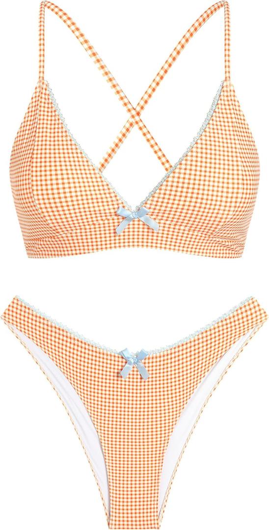 ZAFUL Women's V Neck Bikini Set High Waisted Swimsuits Lace Up Bow Decor Cheeky Two Piece Bathing Suit (Orange, M)