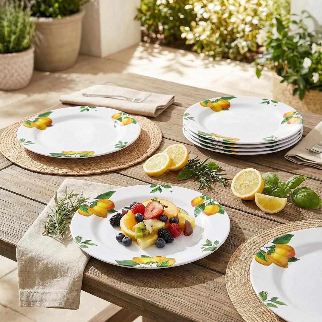 Melamine Dinner Plates 10 Inch Lemon Print Design Dishes Set of 6,Outdoor & Indoor Use,Shatterproof & Dishwasher Safe,Perfect for Picnic, Patio, and Everyday Dining,White