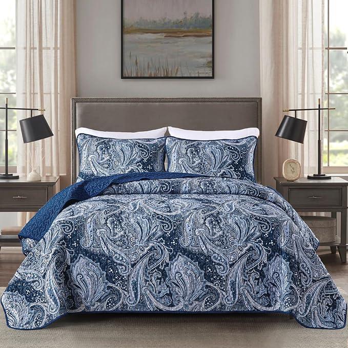 Navy Paisley Quilt Set Queen Size, Boho Bedspread Coverlet 3 Pieces Soft Lightweight Quilted Bedding Set, Microfiber Navy Blue Paisley Floral Pattern Bedding for All Season, 105"x88"