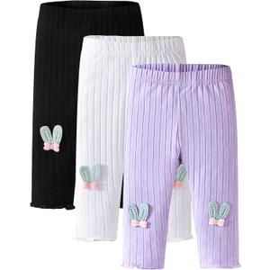 3 Pack Baby Girl Pants: Soft Solid Ribbed Pants Ruffle Hem Pull On Leggings for Infant 0-3 Months (White/Black/Purple)