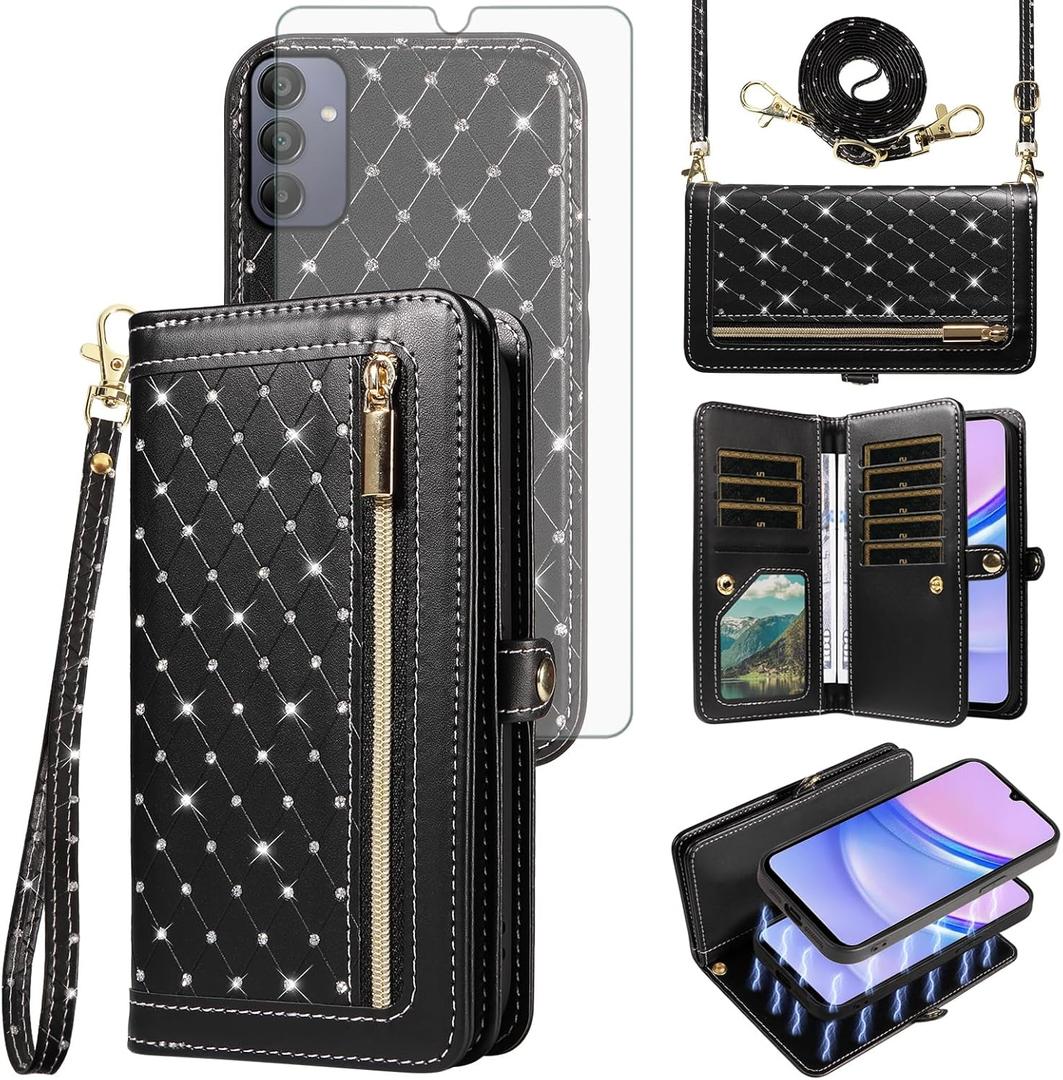 Asuwish Phone Case for Samsung Galaxy A15 5G/4G Zipper Wallet Detachable Magnetic Cell Cover with Tempered Glass Screen Protector Crossbody Strap Bling Flip Credit Card Holder A 15 G5 15A Women Black