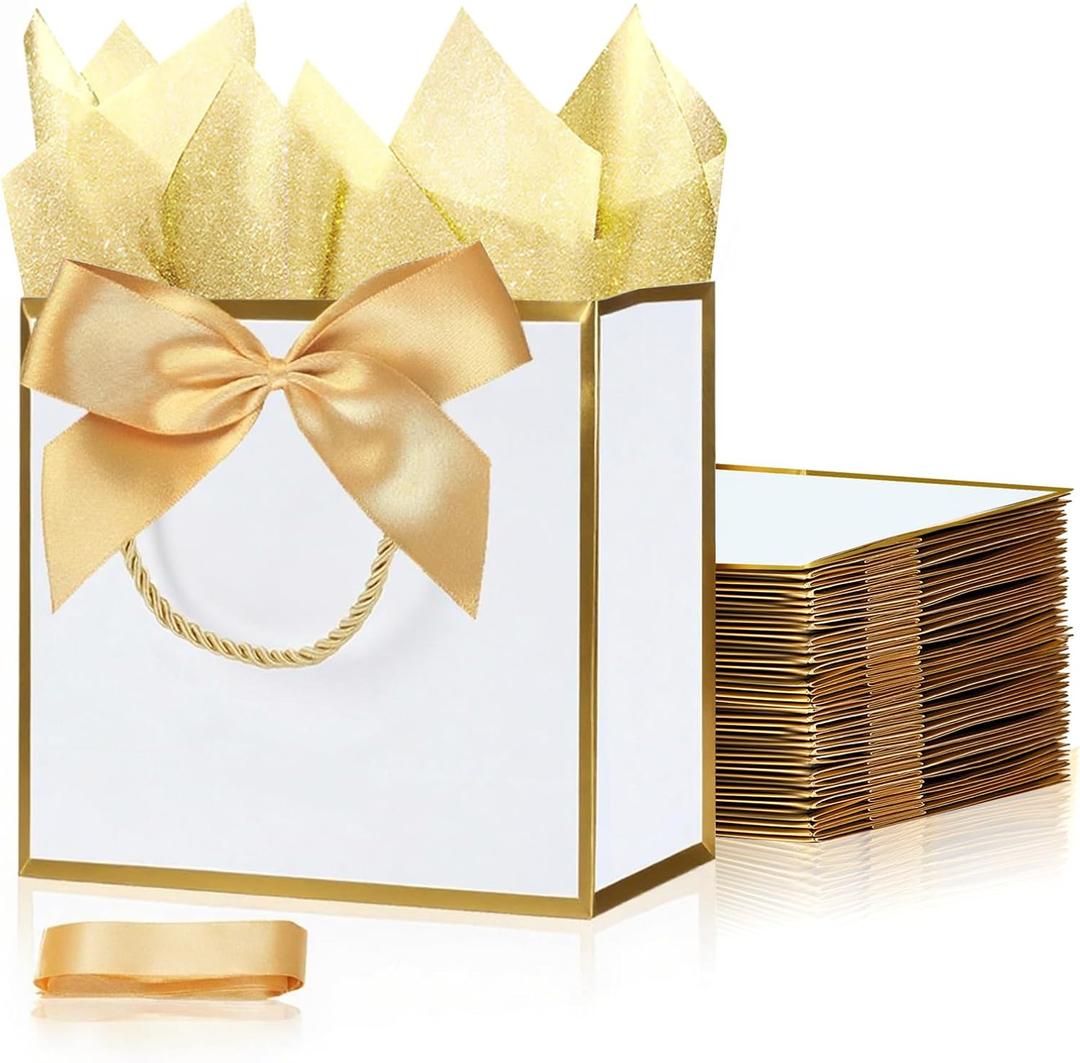 SHIPKEY 10PCS White Gift Bags (Gold Trim), 11"x4"x8" Medium Welcome Bags, Luxury Shopping Bag with Ribbon Handle and Bows (28x10x20cm)