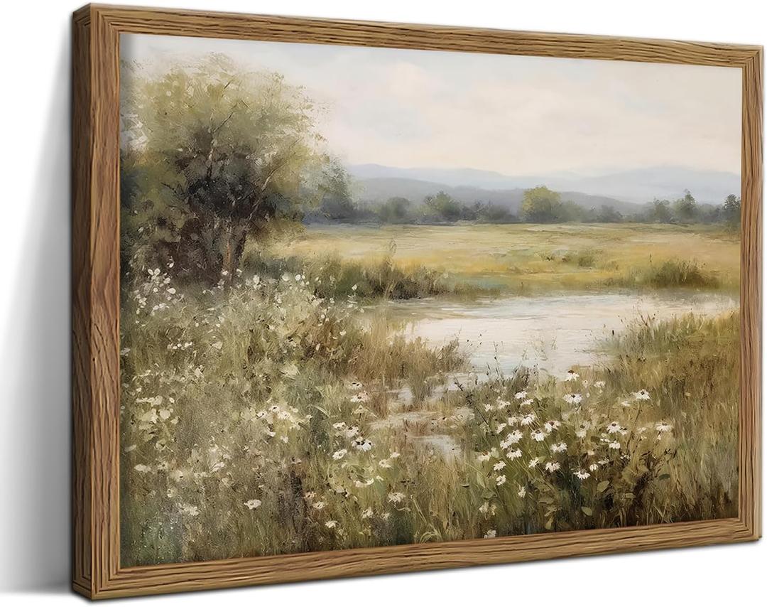 Framed Spring Wildflower Canvas Wall Art, Vintage Farmhouse Floral Print, Neutral Botanical Pictures Wall Decor, Rural Scenery Paintings Artwork for Living Room Bedroom 16x24 inch