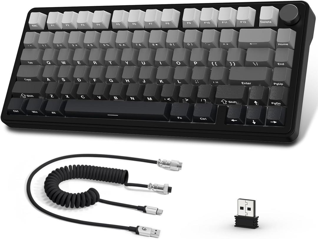 ATTACK SHARK X85 Wireless Mechanical Gaming Keyboard with Knob Hot Swappable BT/2.4GHz/USB-C Side Print PBT Keycaps 75% Gasket Keyboard RGB Coiled Cable Linear White Jade Switch for PC/MAC/Win