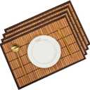 Bamboo Placemats with Fabric Border Set of 4 Natural Bamboo Rectangular Rolling Table Mats for Dining Kitchen Table Heat Resistant Table Protection Brown