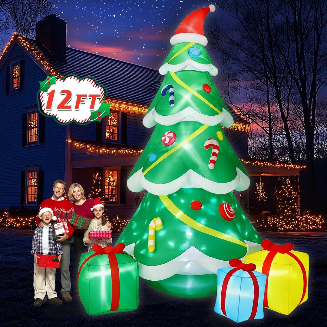 12FT Giant Christmas Inflatables Outdoor Decorations - Large Blow Up Christmas Tree with Gift Boxes - Rotating LED Lights Inflatable Xmas Decor for Yard Lawn Garden Holiday Party