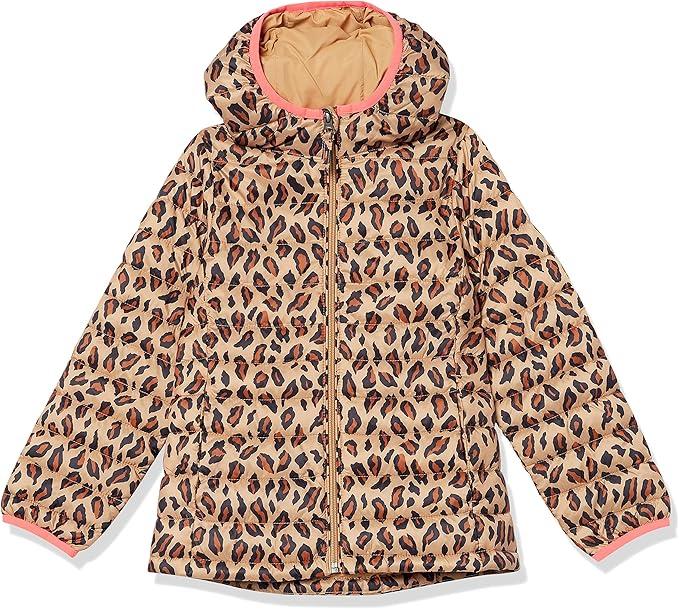 Amazon Essentials Girls and Toddlers' Lightweight Water-Resistant Hooded Packable Mock Puffer Jacket (X-Small, Camel Cheetah Print)