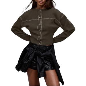 Women's Stitch Knit Button Down Cardigans Cropped Sweaters Crew Neck Long Sleeve Cardigan (Chocolate Brown, Small)