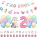 Two Cool Pool Birthday Party Decorations Kit for Girls 2nd Birthday, Macaron Color Banner Garland Cake Topper with Pink Foil Balloon, Summer Swimming Beach Theme Party Supplies