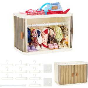 Foldable Doll Wardrobe Closet Compatible with Labubu Clothes  Stackable Storage Box with 10 Hangers, Rod & Display Shelf for 15/17cm Doll Outfits (Translucent)