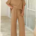 Yousify Women's Oversized Lounge Set 3/4 Batwing Sleeve Crew Neck Pullover Top Wide Leg Pants Two Piece Outfits (Medium, Light Brown)