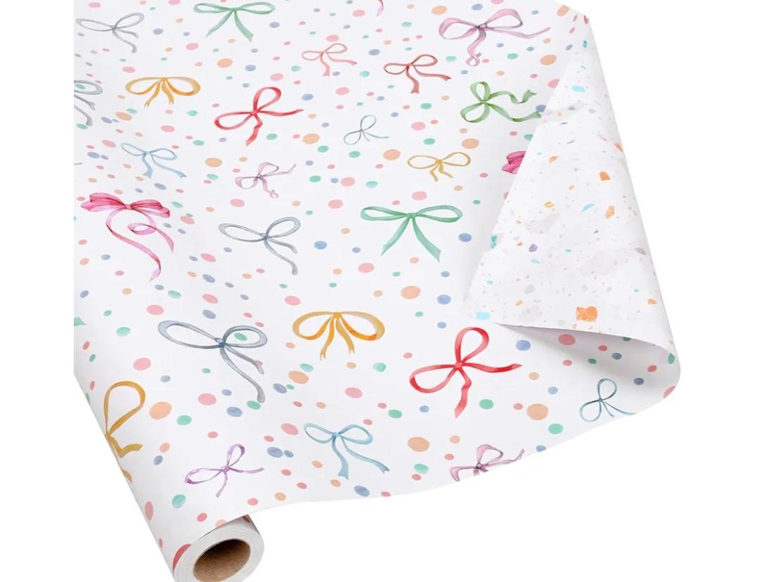 LaRibbons Reversible Bow Wrapping Paper Jumbo Roll with Pink Pom Pom, Coquette Bow & Colorful Terrazzo Design Gift Wrap for Girls, Women, Baby Shower, Birthday Party, 30 Inch × 40 Feet (100 sq. ft. ttl.) 4Pack