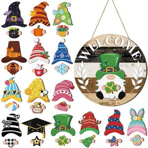 Qunclay Interchangeable Wooden Gnome Decor Holiday Seasonal Gnome Decorations with Magnet Pieces and Detachable Hats Changeable Welcome Sign for Home(Black White Grey)