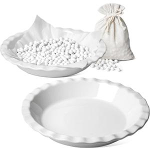 LE TAUCI Ceramic Pie Dish and Pie Weights Set, 9 Inches Pie Pans for Baking, 36 OZ Round Fluted Pie Plates for Apple Pie, Quiche, Pot Pies, Tart  Set of 2, Classic White