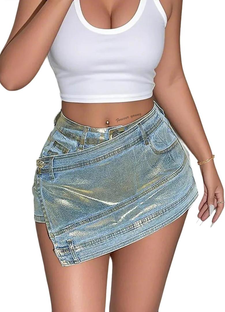 Avanova Women Denim Mini Skirt Jean Skort Sexy High Waisted Asymmetrical Stretch Short Skirts (Medium, Blue Gold)